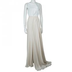 Pre Owned Elie Saab Cream Double Front Slit Detail Silk Maxi Skirt S