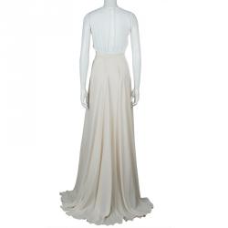 Pre Owned Elie Saab Cream Double Front Slit Detail Silk Maxi Skirt S