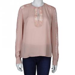 Pre Owned Elie Saab Blush Pink Lace Detail Long Sleeve Silk Blouse S