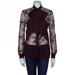 Pre Owned Elie Saab Burgundy Lace Neck Tie Detail Long Sleeve Blouse M