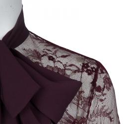 Pre Owned Elie Saab Burgundy Lace Neck Tie Detail Long Sleeve Blouse M