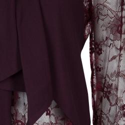 Pre Owned Elie Saab Burgundy Lace Neck Tie Detail Long Sleeve Blouse M