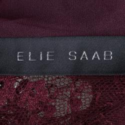 Pre Owned Elie Saab Burgundy Lace Neck Tie Detail Long Sleeve Blouse M