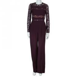 Pre Owned Elie Saab Burgundy Lace Detail Long Sleeve Belted Jumpsuit M