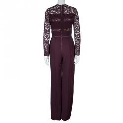Pre Owned Elie Saab Burgundy Lace Detail Long Sleeve Belted Jumpsuit M