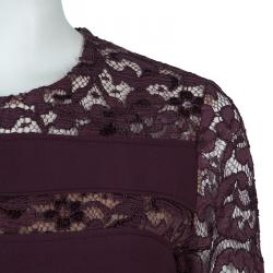 Pre Owned Elie Saab Burgundy Lace Detail Long Sleeve Belted Jumpsuit M