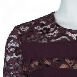 Pre Owned Elie Saab Burgundy Lace Detail Long Sleeve Belted Jumpsuit M