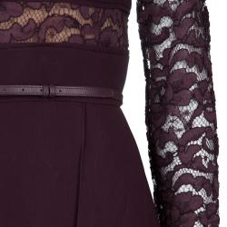 Pre Owned Elie Saab Burgundy Lace Detail Long Sleeve Belted Jumpsuit M