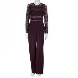 Pre Owned Elie Saab Burgundy Lace Detail Long Sleeve Belted Jumpsuit S
