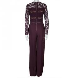Pre Owned Elie Saab Burgundy Lace Detail Long Sleeve Belted Jumpsuit S