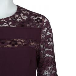 Pre Owned Elie Saab Burgundy Lace Detail Long Sleeve Belted Jumpsuit S