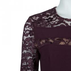 Pre Owned Elie Saab Burgundy Lace Detail Long Sleeve Belted Jumpsuit S