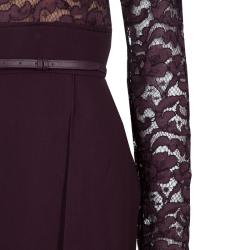 Pre Owned Elie Saab Burgundy Lace Detail Long Sleeve Belted Jumpsuit S