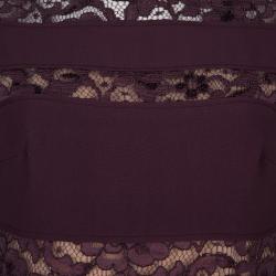 Pre Owned Elie Saab Burgundy Lace Detail Long Sleeve Belted Jumpsuit S