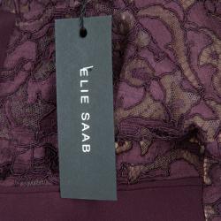 Pre Owned Elie Saab Burgundy Lace Detail Long Sleeve Belted Jumpsuit S