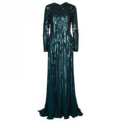 Elie Saab Deep Green All Over Sequin Embellished Long Sleeve Gown M