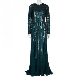 Elie Saab Deep Green All Over Sequin Embellished Long Sleeve Gown M