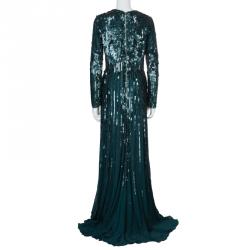 Elie Saab Deep Green All Over Sequin Embellished Long Sleeve Gown M