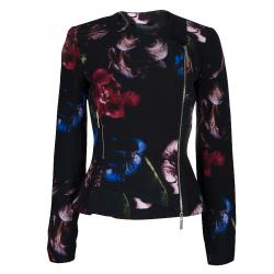 Pre Owned Elie Saab Black Floral Print Zip Detail Jacket S