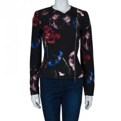 Pre Owned Elie Saab Black Floral Print Zip Detail Jacket S