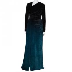 Pre Owned Elie Saab Black and Green Velvet Long Sleeve Gown L