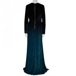 Pre Owned Elie Saab Black and Green Velvet Long Sleeve Gown L
