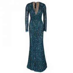 Pre Owned Elie Saab Teal Blue Embellished Long Sleeve Plunge Neck Gown S
