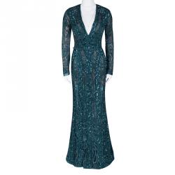 Pre Owned Elie Saab Teal Blue Embellished Long Sleeve Plunge Neck Gown S