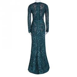Pre Owned Elie Saab Teal Blue Embellished Long Sleeve Plunge Neck Gown S
