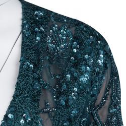 Pre Owned Elie Saab Teal Blue Embellished Long Sleeve Plunge Neck Gown S
