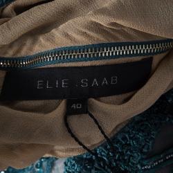 Pre Owned Elie Saab Teal Blue Embellished Long Sleeve Plunge Neck Gown S