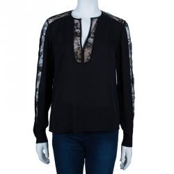 Pre Owned Elie Saab Black Lace Detail Long Sleeve Top S