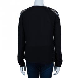 Pre Owned Elie Saab Black Lace Detail Long Sleeve Top S