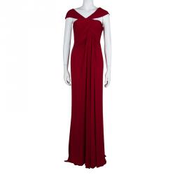 Elie Saab Red Off Shoulder Draped Evening Gown S