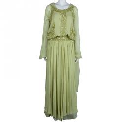 Pre Owned Elie Saab Pistachio Green Silk Sequin Embellished Sleeveless Gown L