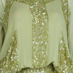 Pre Owned Elie Saab Pistachio Green Silk Sequin Embellished Sleeveless Gown L