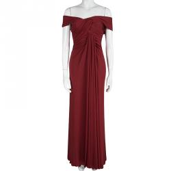 Elie Saab Red Off Shoulder Draped Evening Gown M