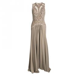 Elie Saab Beige Silk Embellished Mesh Insert Sleeveless Gown M