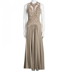 Elie Saab Beige Silk Embellished Mesh Insert Sleeveless Gown M