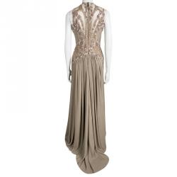 Elie Saab Beige Silk Embellished Mesh Insert Sleeveless Gown M