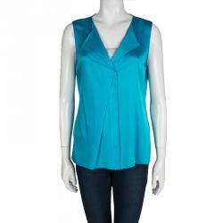 Pre Owned Elie Tahari Turquoise Blue Silk Layered Collar Detail Sleeveless Blouse M