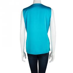 Pre Owned Elie Tahari Turquoise Blue Silk Layered Collar Detail Sleeveless Blouse M
