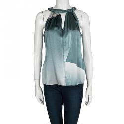 Elie Tahari Blue Printed Silk Braided Leather Neck Trim Sleeveless Blouse S