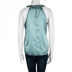 Elie Tahari Blue Printed Silk Braided Leather Neck Trim Sleeveless Blouse S