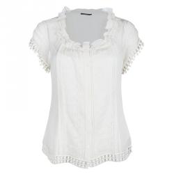 Elie Tahari Cream Lace Insert Crinkled Silk Chiffon Blouse S