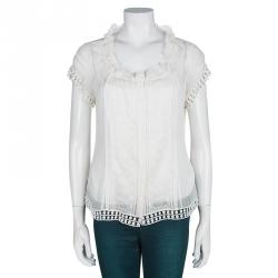 Elie Tahari Cream Lace Insert Crinkled Silk Chiffon Blouse S