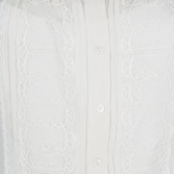 Elie Tahari Cream Lace Insert Crinkled Silk Chiffon Blouse S
