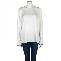 Pre Owned Elie Tahari Cream Silk Embellished Cuff Detail Long Sleeve Blouse XL