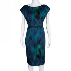 Pre Owned Elie Tahari Blue and Green Printed Silk Contrast Trim Detail Dress M