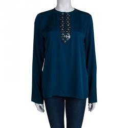 Pre Owned Elie Tahari Peacock Blue Embellished Silk Blouse L
